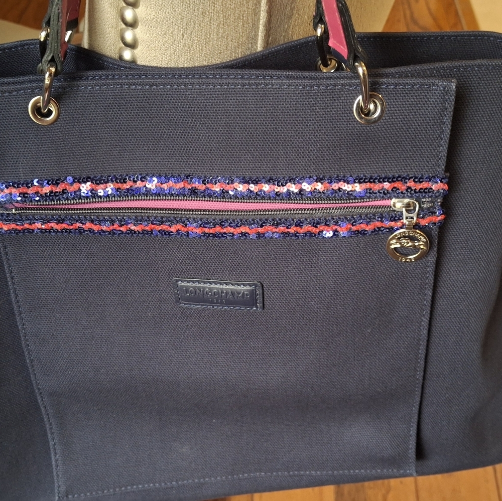 Vintage Longchamp Dark Blue Tote with Pink and Blue Sequin Accents